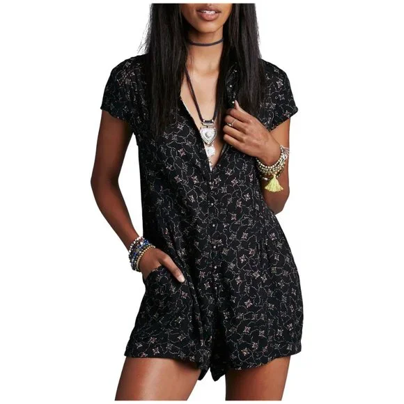 297 FREE PEOPLE Debby Dot Deeby Floral Romper Playsuit Black sz S Women's Casual - Picture 14 of 14